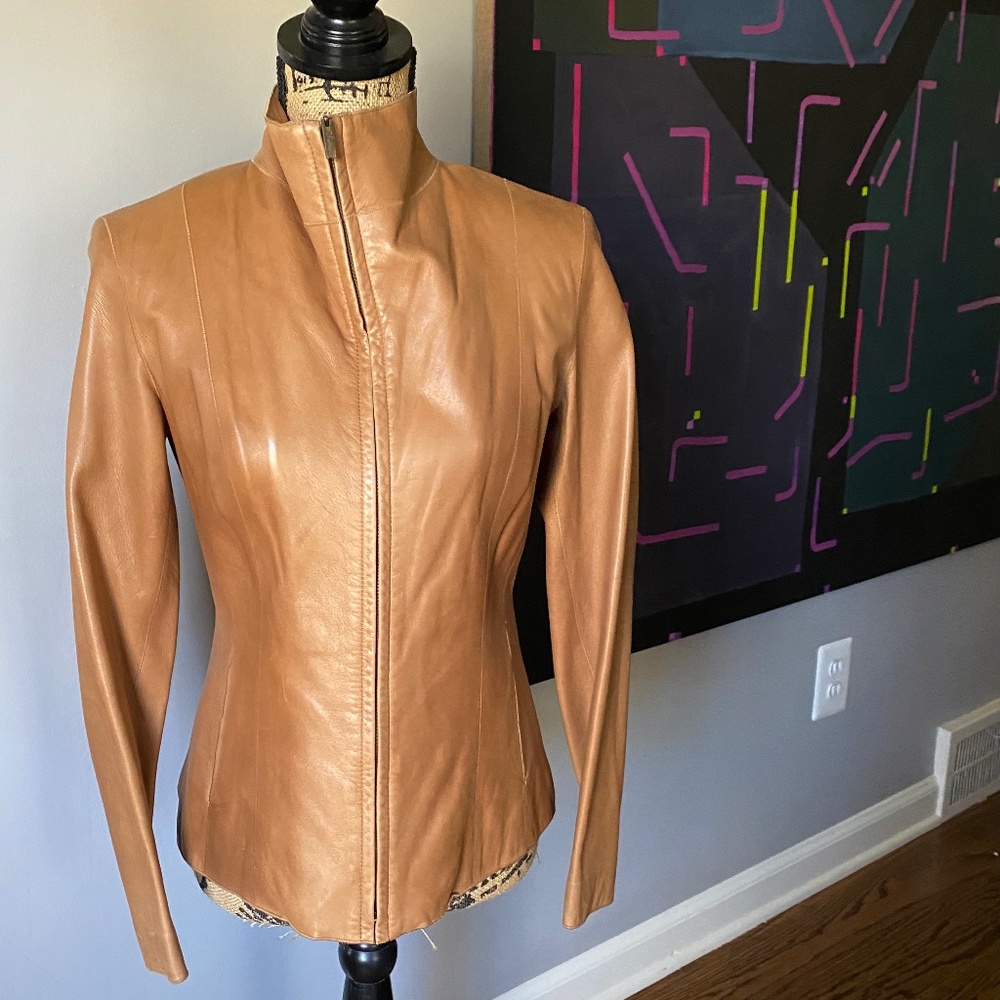 Cole Haan Women's Jacket in Tan Lambskin. Full Zippper, Stand-up Collar. S. 2